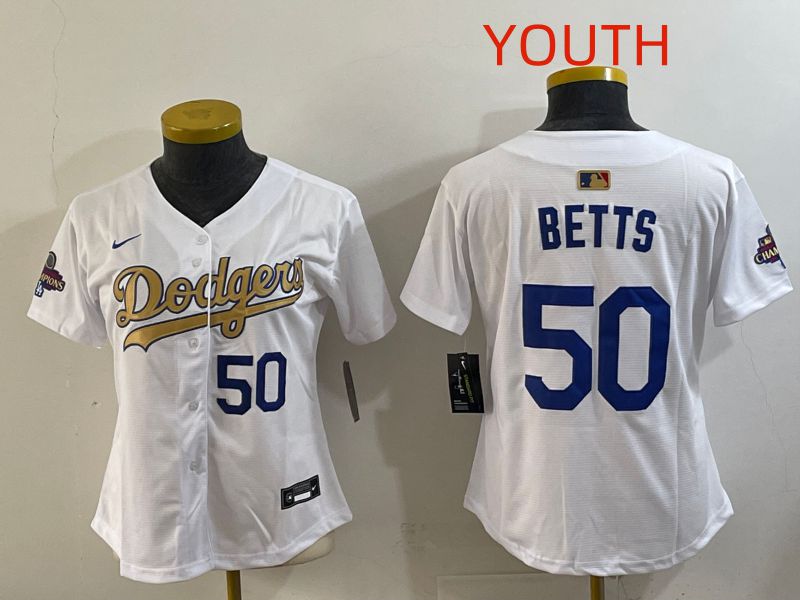 Youth Los Angeles Dodgers #50 Betts White Champion edition Nike MLB Jersey style 002